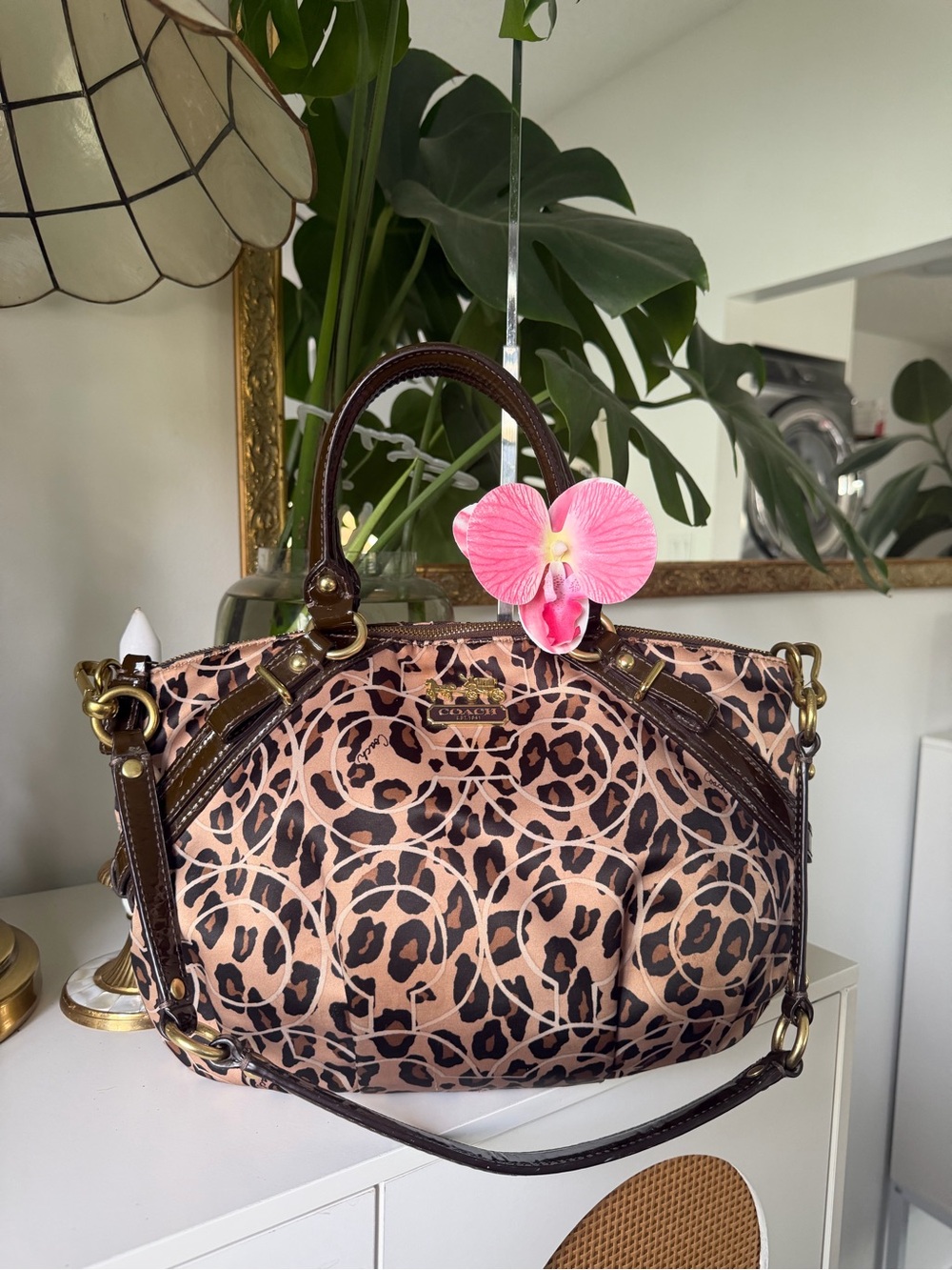 Coach Leopard-Print Satchel in Pink and Brown